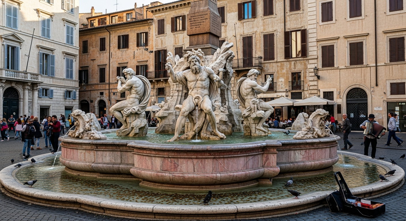 A magnificent baroque marble fountain featuring four dramatic sculptural figures representing river gods, each carved with flowing robes and muscular forms, positioned around a towering central obelisk. The ornate fountain sits in a bustling Italian piazza surrounded by elegant historic buildings wi