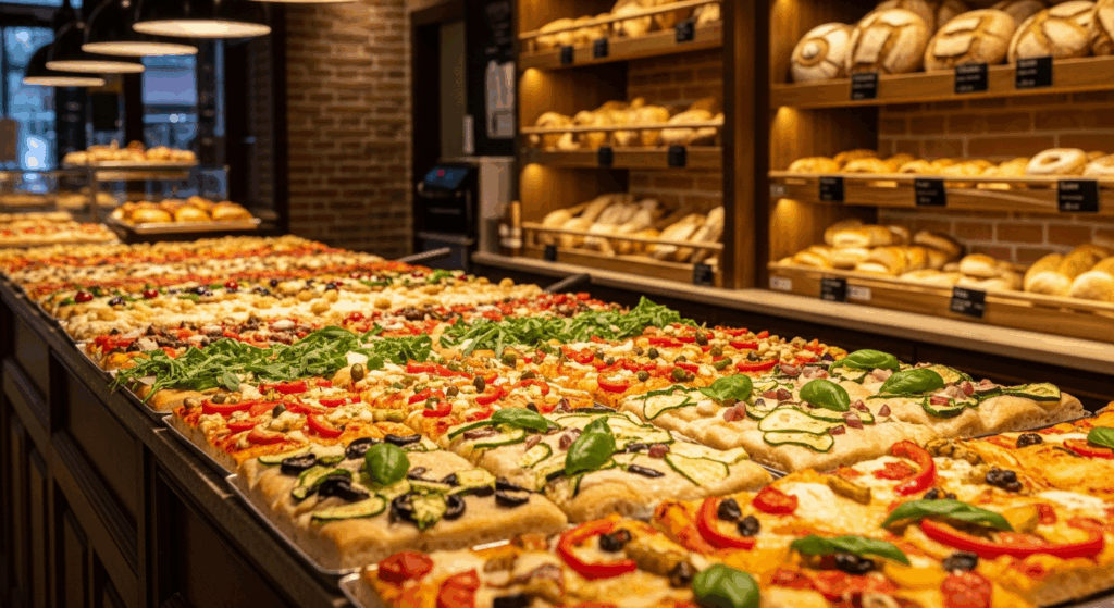 A vibrant display of rectangular Roman-style pizza slices with colorful diverse toppings arranged in a traditional Italian bakery counter. The golden-crusted pizza pieces feature fresh vegetables, melted cheeses, herbs, and Mediterranean ingredients artfully displayed on metal trays. Warm ambient li