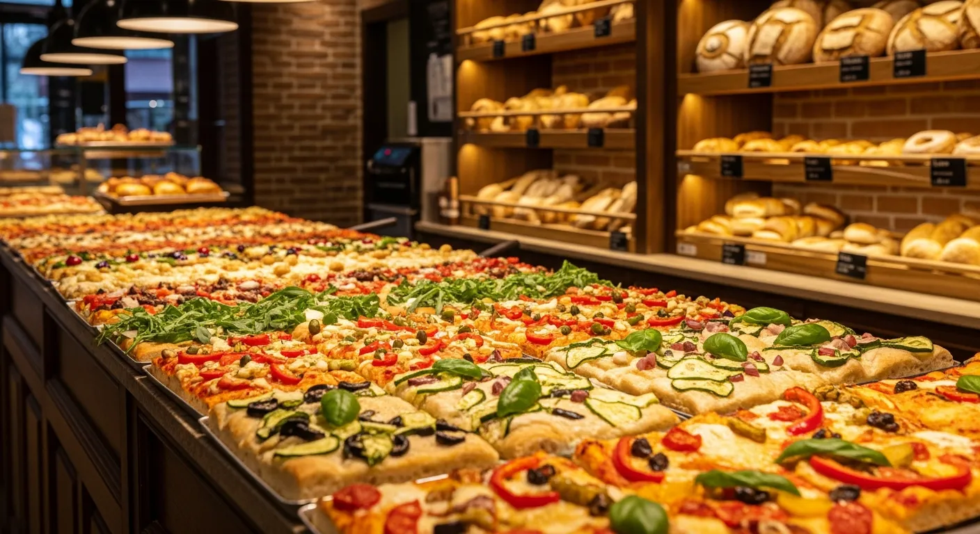 A vibrant display of rectangular Roman-style pizza slices with colorful diverse toppings arranged in a traditional Italian bakery counter. The golden-crusted pizza pieces feature fresh vegetables, melted cheeses, herbs, and Mediterranean ingredients artfully displayed on metal trays. Warm ambient li