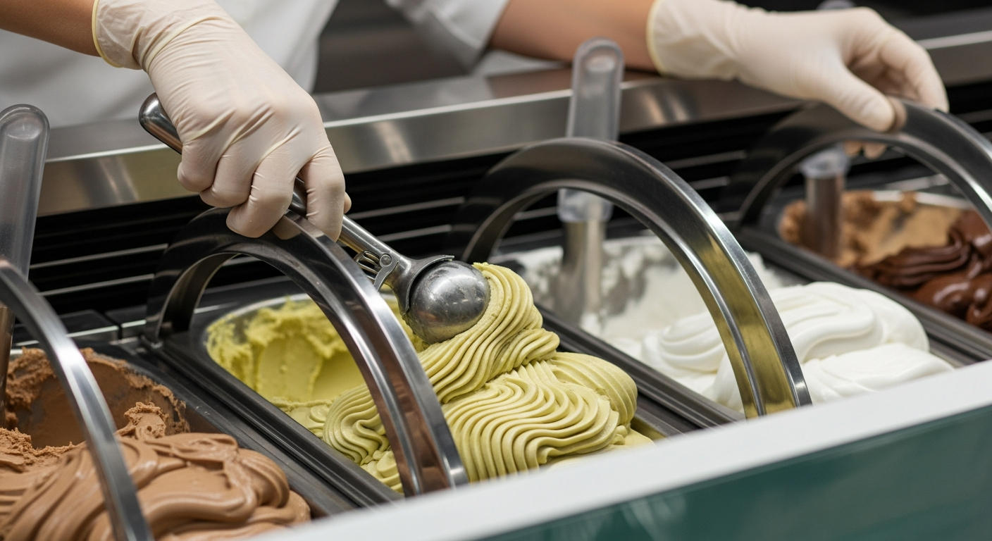Close-up view of artisanal gelato displayed in elegant stainless steel containers with curved lids, showcasing creamy textures and natural colors. A gelato server wearing white gloves uses a traditional metal scoop to portion out a rich, pale green pistachio-flavored gelato, the creamy dessert creat