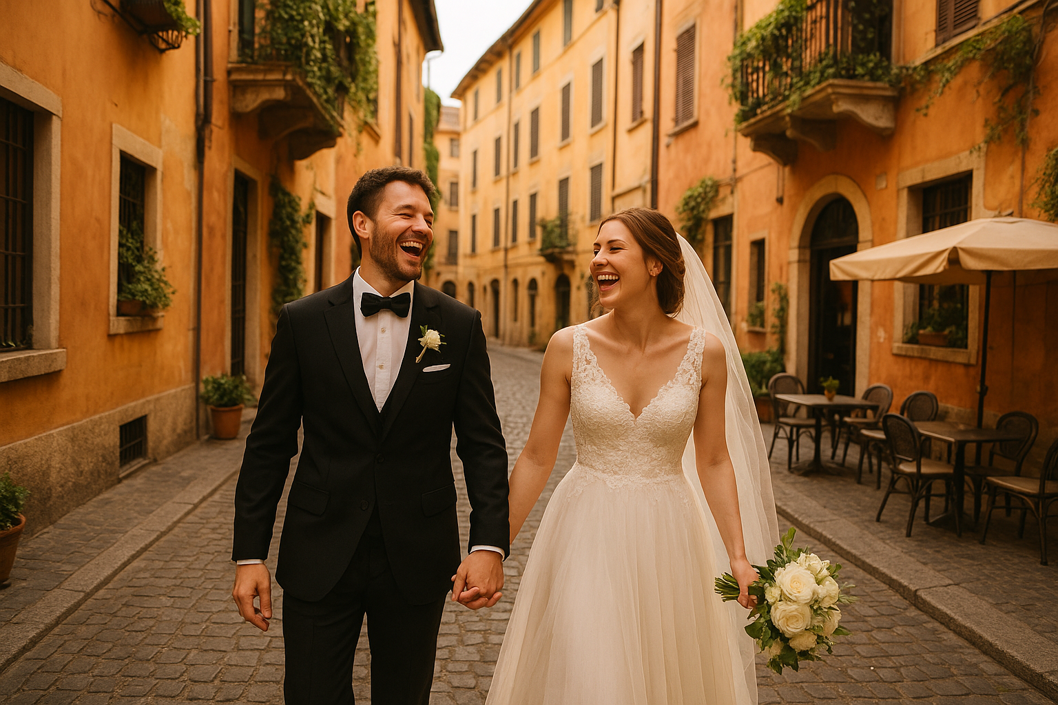 A joyful newlywed couple laughing together as they stroll hand-in-hand down a picturesque narrow cobblestone street lined with warm ochre and terracotta-colored buildings. The charming European neighborhood features ivy-draped balconies with wrought iron railings, small cafes with outdoor seating, a