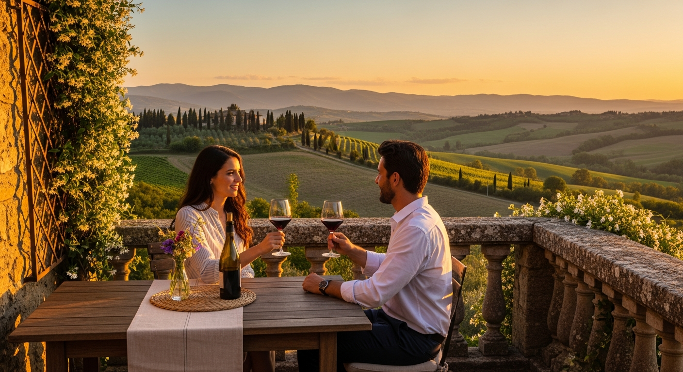 A romantic couple sits intimately on a charming stone balcony, sharing glasses of deep red wine as golden sunset light bathes the rolling hills of the Italian countryside. The scene captures gentle vineyard slopes dotted with cypress trees stretching toward distant mountains, while warm amber and ro