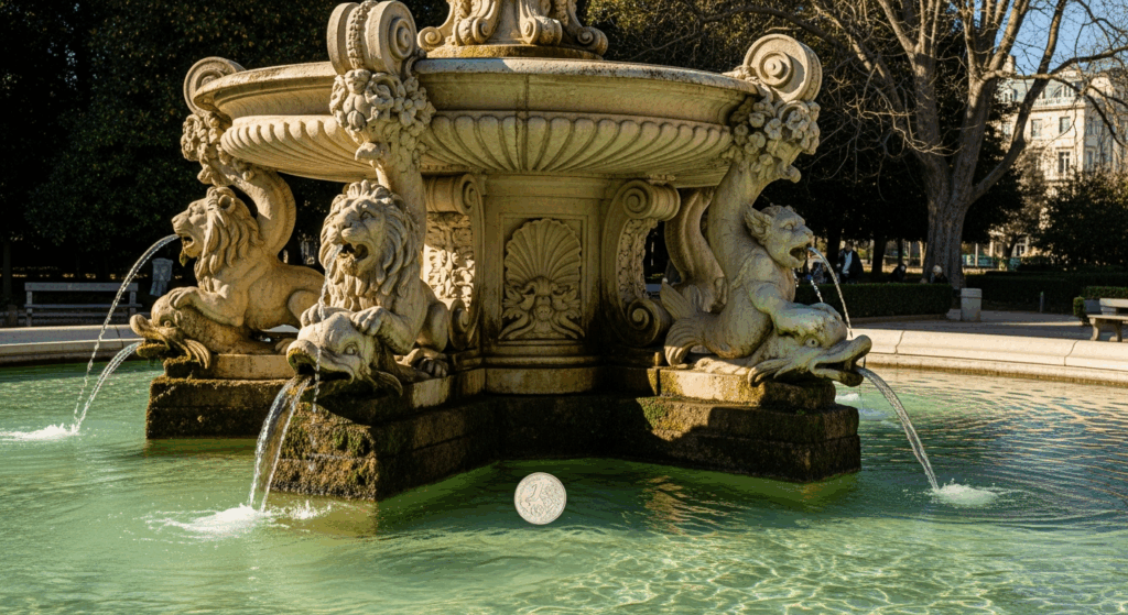 Close-up view of two people's hands gently releasing a shiny coin into the crystal-clear turquoise waters of an ornate baroque fountain. The elegant carved stone architecture features intricate sculptural details and flowing water cascades in the background. Soft golden sunlight illuminates the scen