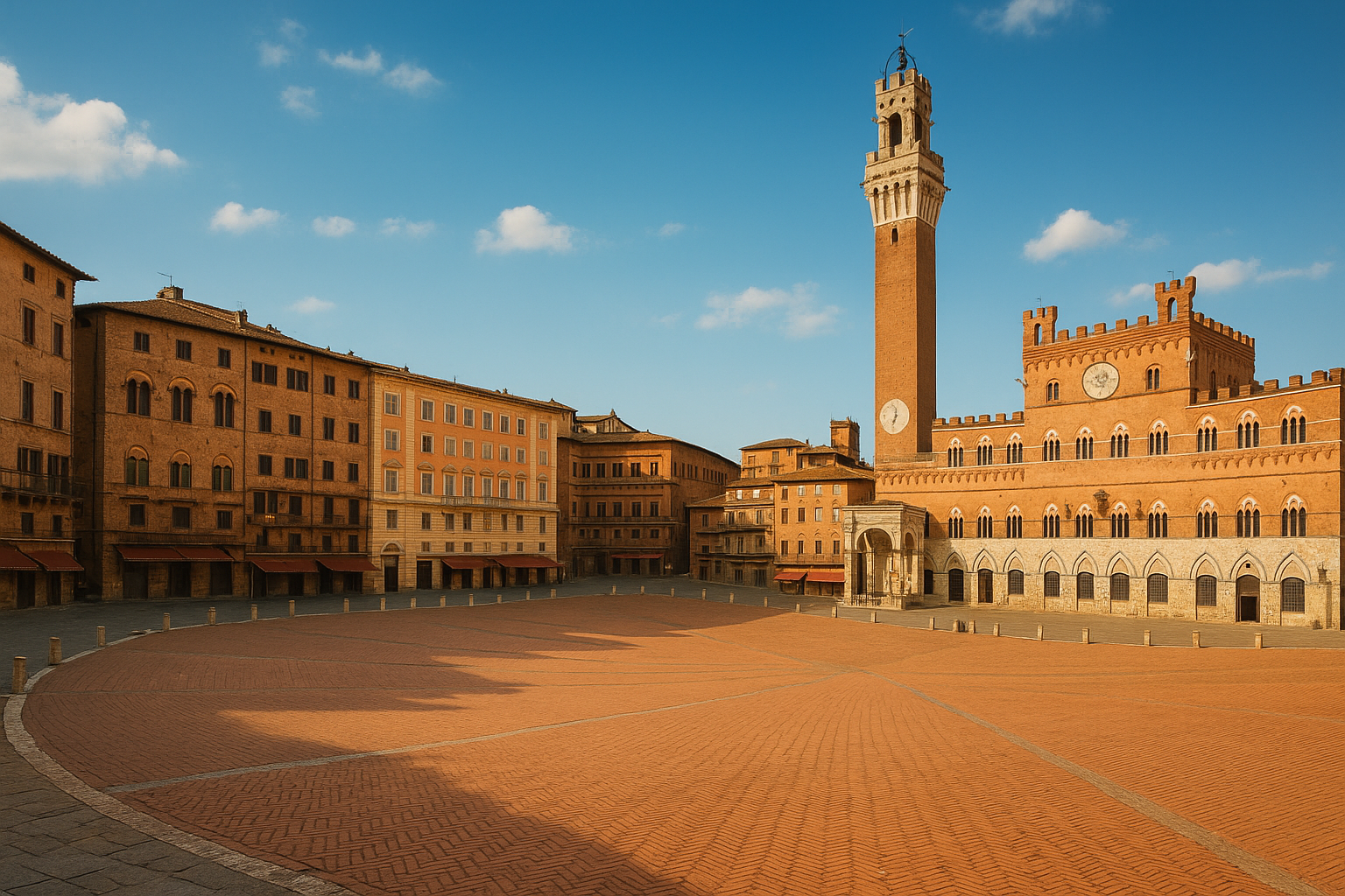 A sweeping view of a medieval Italian town square with distinctive fan-shaped brick paving in warm terracotta tones, surrounded by elegant multi-story buildings with traditional Tuscan architecture featuring arched windows and weathered stone facades. A tall, slender bell tower rises majestically in
