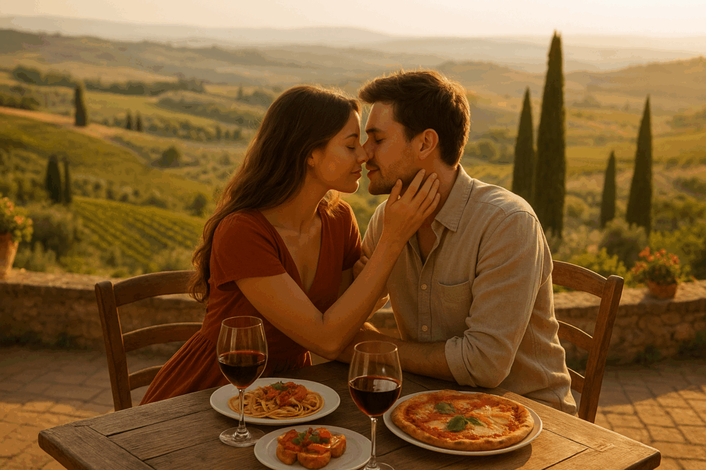 A romantic couple sharing an intimate moment on a sun-drenched Tuscan terrace overlooking rolling hills covered in vineyards and olive groves, with cypress trees dotting the golden landscape. They're seated at a rustic wooden table with wine glasses and Italian cuisine, the warm afternoon light cast
