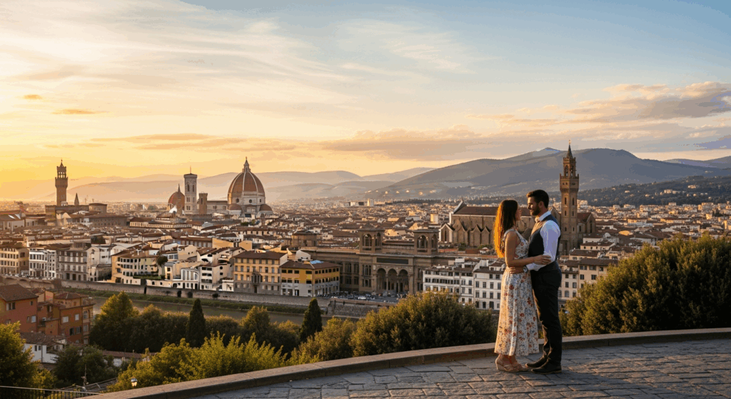 A romantic couple stands together on a hilltop plaza overlooking Florence during golden hour, with the historic city skyline and Arno River stretching below them. The warm sunset light bathes the Renaissance architecture, red-tiled rooftops, and iconic landmarks in a magical glow. The intimate scene