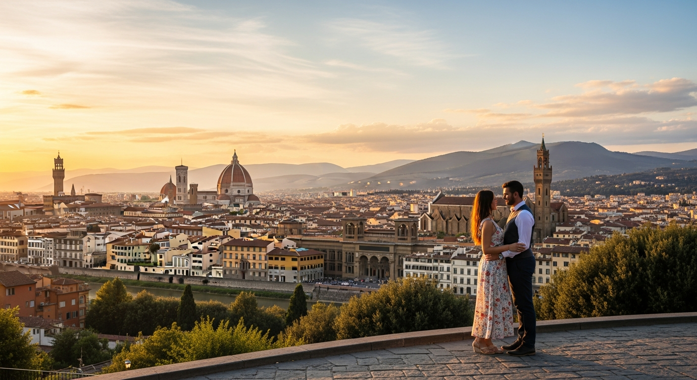 A romantic couple stands together on a hilltop plaza overlooking Florence during golden hour, with the historic city skyline and Arno River stretching below them. The warm sunset light bathes the Renaissance architecture, red-tiled rooftops, and iconic landmarks in a magical glow. The intimate scene