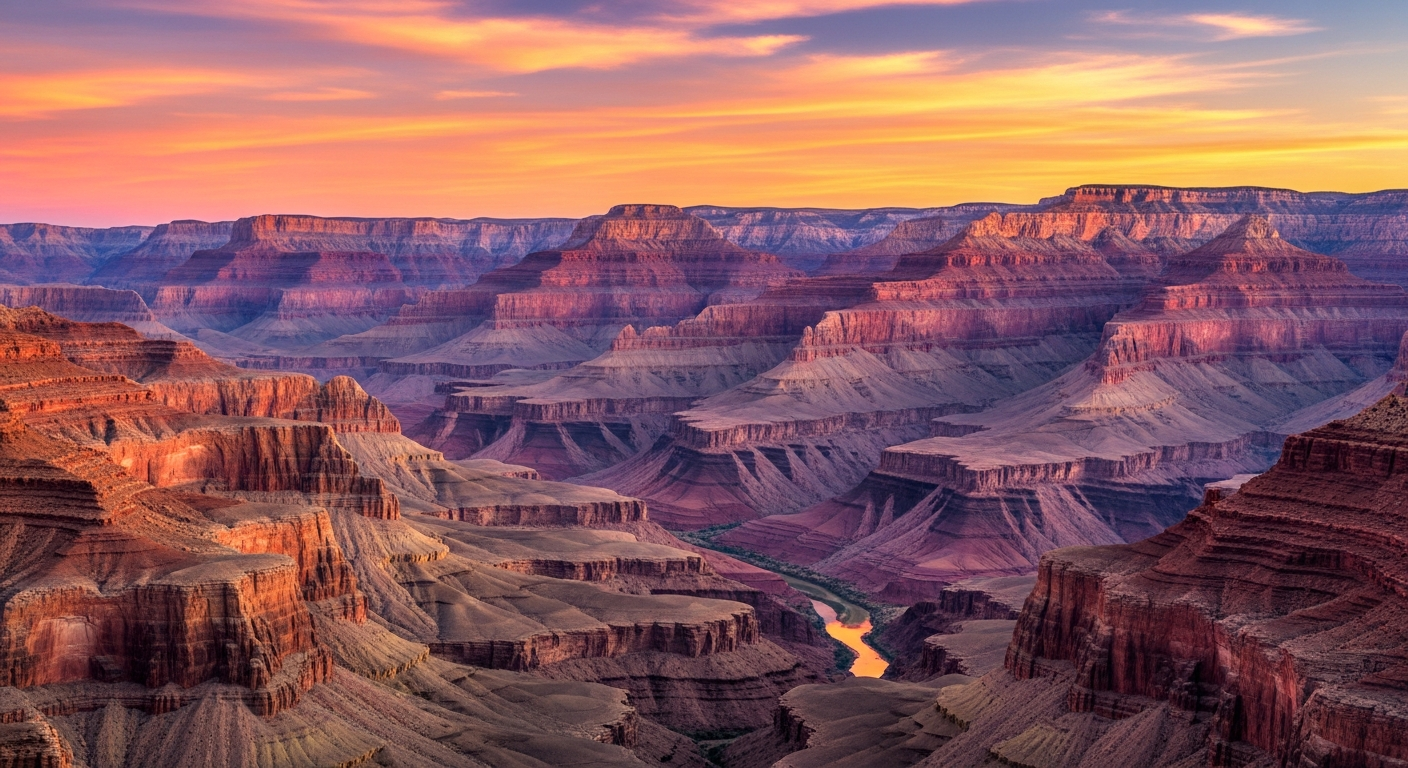 Breathtaking panoramic landscape of a vast desert canyon with dramatic layered rock formations stretching to the horizon, captured during golden hour sunrise. Warm orange, purple, and pink hues illuminate the ancient geological strata, creating stunning color gradients across the canyon walls and ri