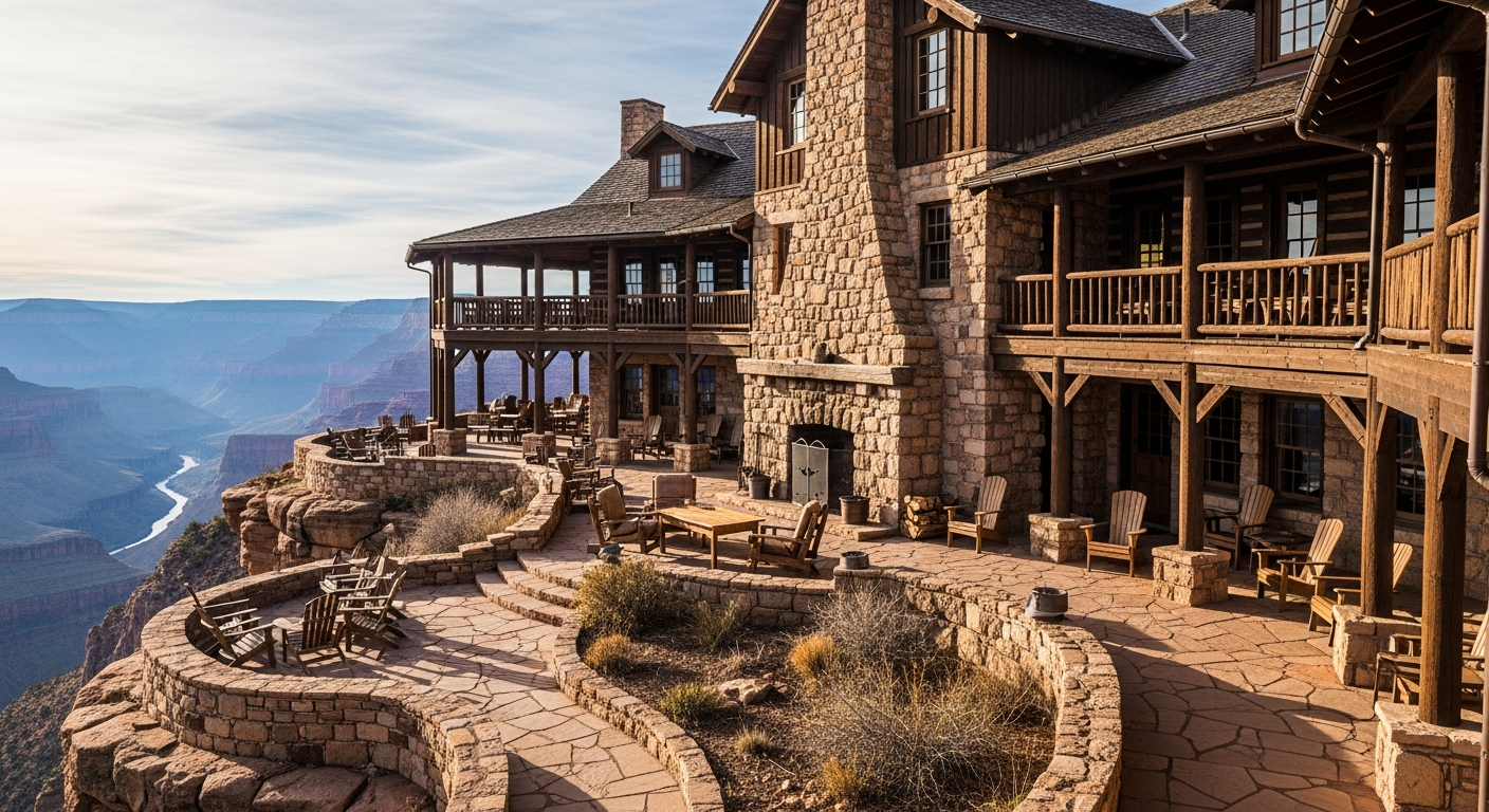 A majestic historic stone and timber lodge building perched dramatically on the rim of a vast canyon with layered red rock formations stretching to the horizon. The rustic architecture features dark wooden beams, stone foundations, and multiple levels with wraparound porches overlooking the spectacu