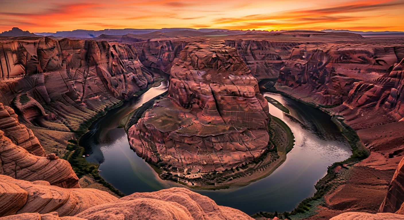 Sweeping panoramic landscape of a vast desert canyon with layered red rock formations stretching to the horizon, captured during golden hour as the sun sets behind distant mesas. Dramatic sky filled with vibrant orange, pink, and purple clouds creating stunning natural lighting that illuminates the