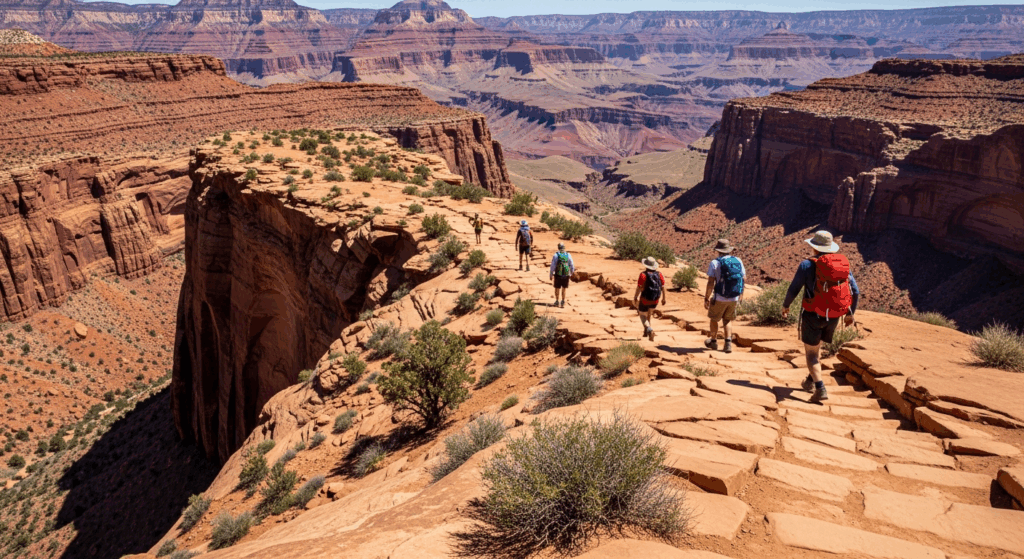A diverse group of outdoor enthusiasts carefully navigating the dramatic zigzagging stone pathway carved into the towering red rock walls of a magnificent desert canyon. The hikers wear colorful backpacks and hiking gear as they descend the ancient geological formations, with layers of orange, rust,