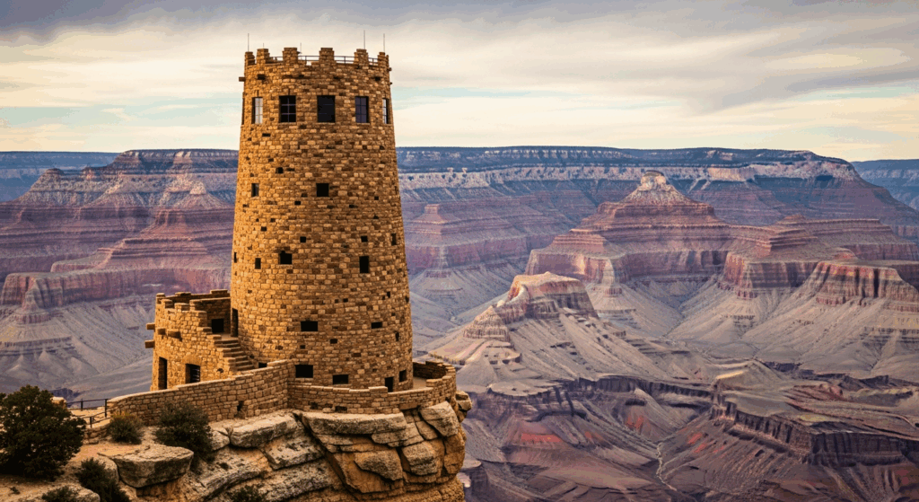 A majestic stone watchtower rising prominently from the rim of the Grand Canyon, its cylindrical structure built with native sandstone blocks in earthy tones. The tower stands as a solitary architectural monument against the vast expanse of the canyon's layered rock formations, with deep red and ora
