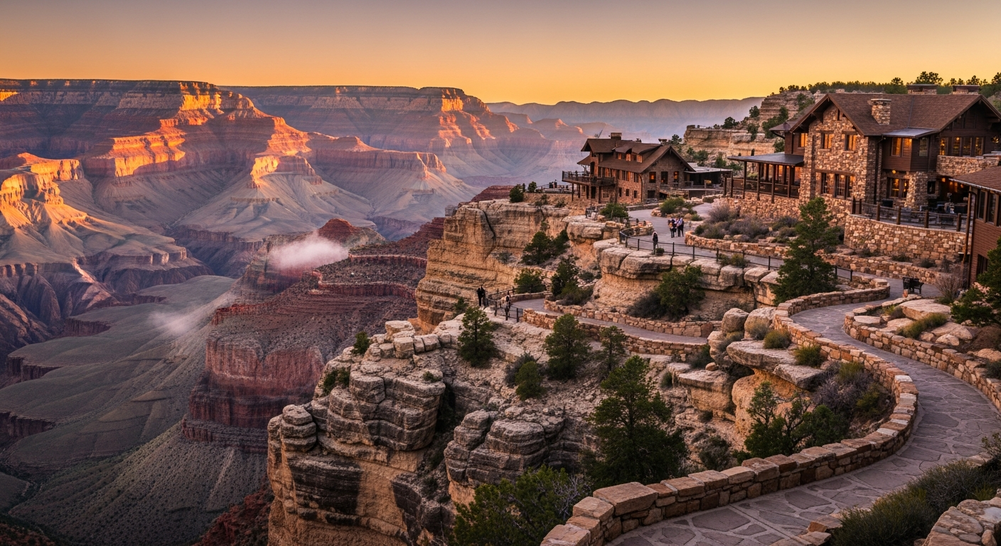 Breathtaking panoramic vista of the Grand Canyon's South Rim during golden sunrise, with warm orange and pink light illuminating the massive layered rock formations and deep canyon valleys stretching to the horizon. Rustic stone and timber lodges perched dramatically along the cliff edge, their warm