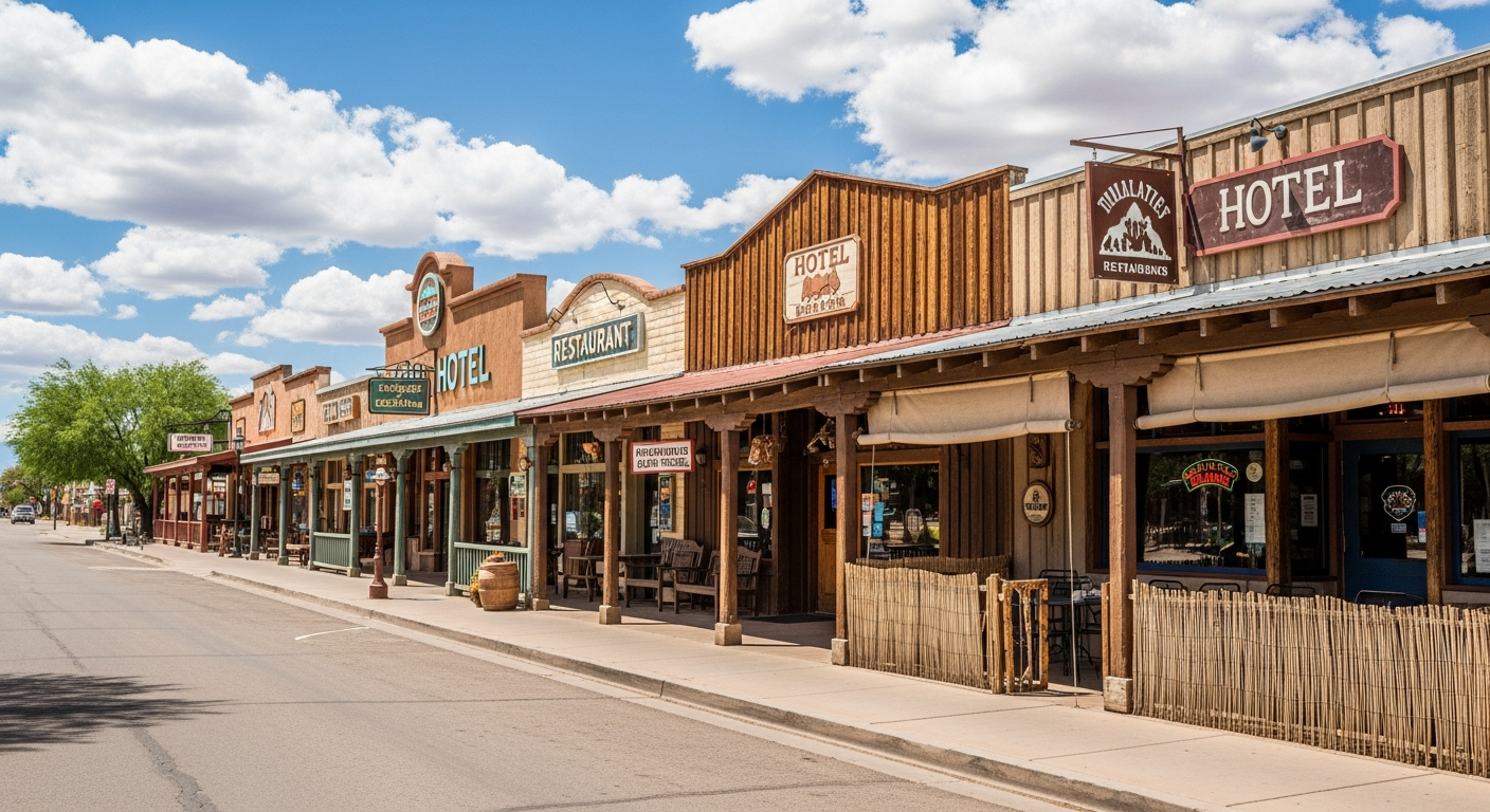 A picturesque street view in a small southwestern American town, featuring a row of welcoming hotels and family restaurants lining both sides of a wide main street. The architecture showcases rustic desert-style buildings with warm earth tones, wooden facades, and covered porches typical of Arizona