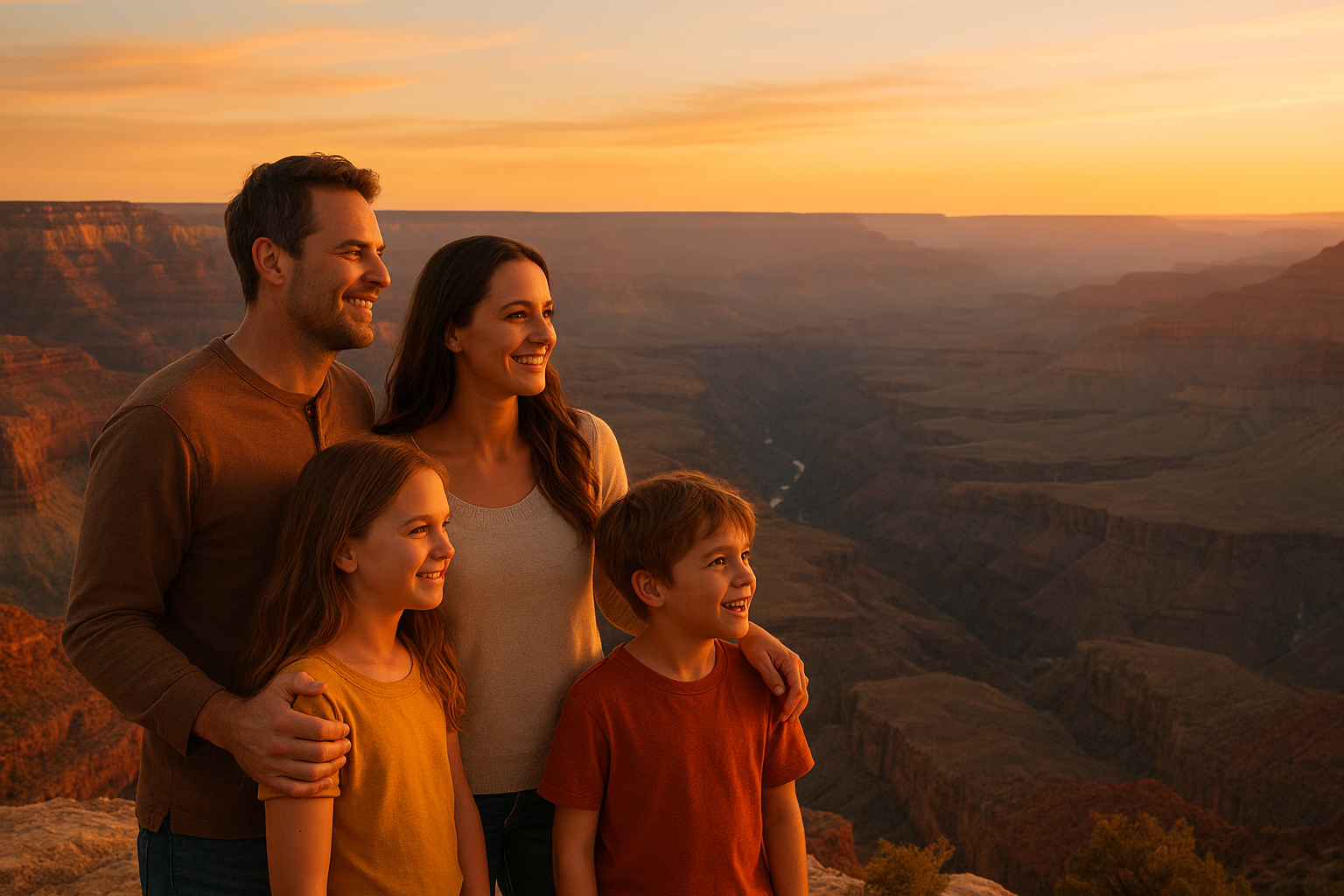 A happy family of four standing together at a scenic canyon overlook during golden hour, their faces illuminated by warm sunset light as they gaze out at the vast layered rock formations stretching to the horizon. The dramatic desert landscape features deep red and orange canyon walls with intricate