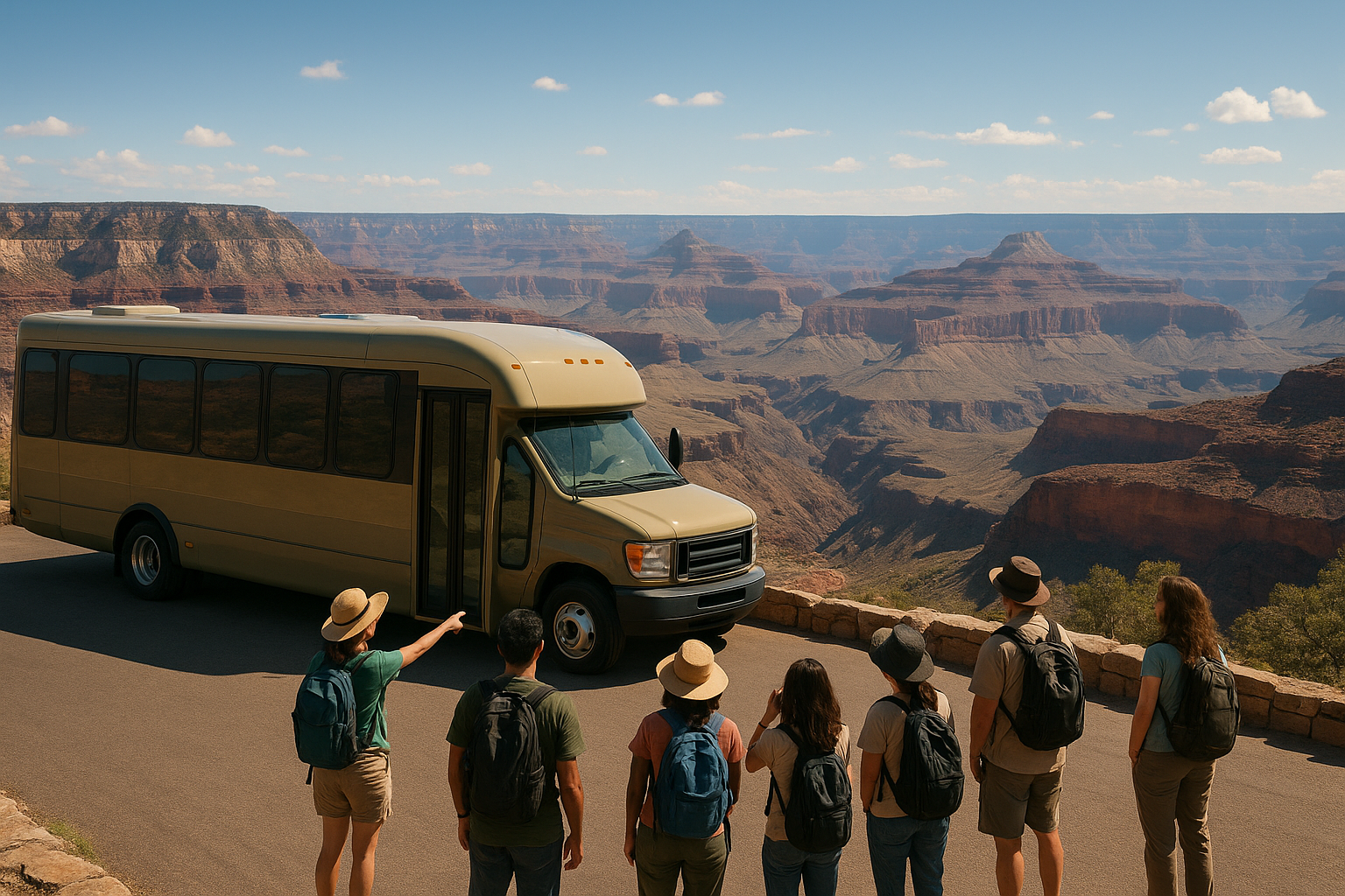 A large, environmentally-friendly shuttle vehicle painted in earth tones parked at a scenic overlook stop along the rim of a vast, layered canyon landscape. A diverse group of tourists with backpacks, cameras, and sun hats gather nearby, some pointing toward the dramatic red rock formations and deep