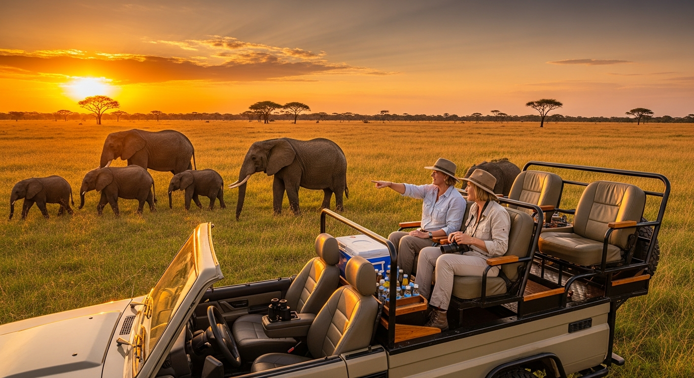 A luxurious open-top safari vehicle positioned in golden savanna grassland during a breathtaking sunset, with two excited tourists seated comfortably observing a majestic herd of African elephants in their natural habitat. The warm amber and orange light of the setting sun creates dramatic silhouett