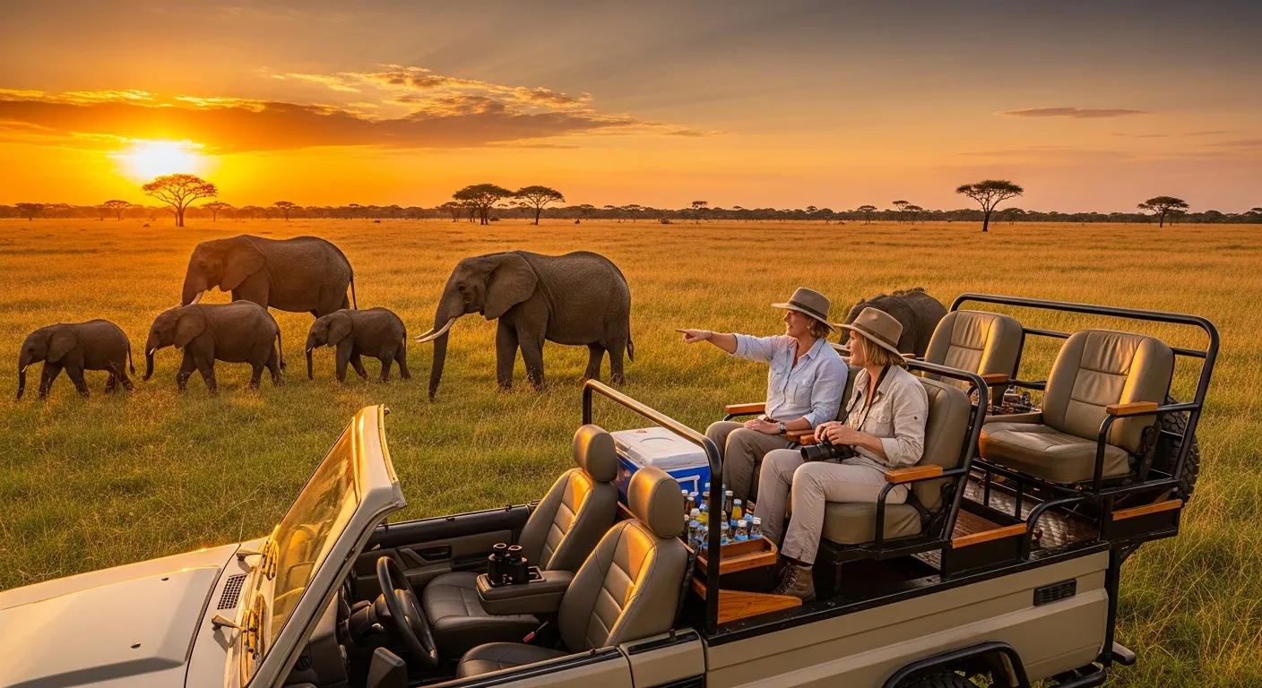 A luxurious open-top safari vehicle positioned in golden savanna grassland during a breathtaking sunset, with two excited tourists seated comfortably observing a majestic herd of African elephants in their natural habitat. The warm amber and orange light of the setting sun creates dramatic silhouett
