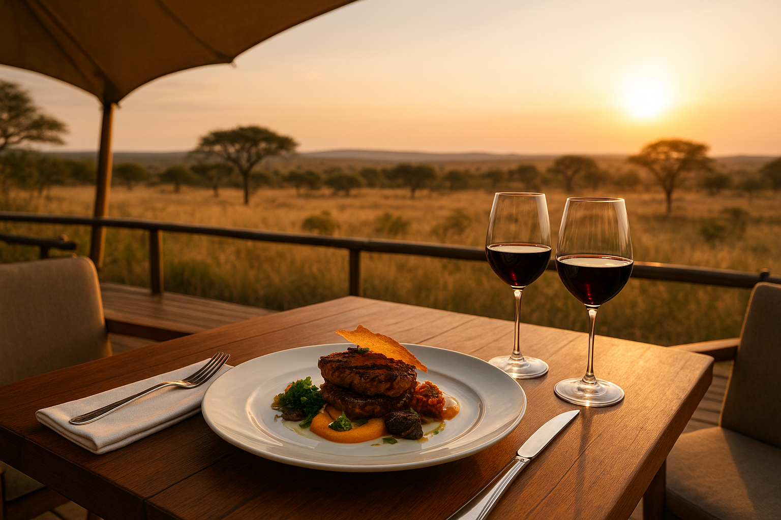 An elegant outdoor dining setup at a luxury South African safari lodge during golden hour, featuring a beautifully plated gourmet meal with African-inspired cuisine on fine china, accompanied by premium wine glasses filled with rich red wine. The scene is set on a wooden deck overlooking the African