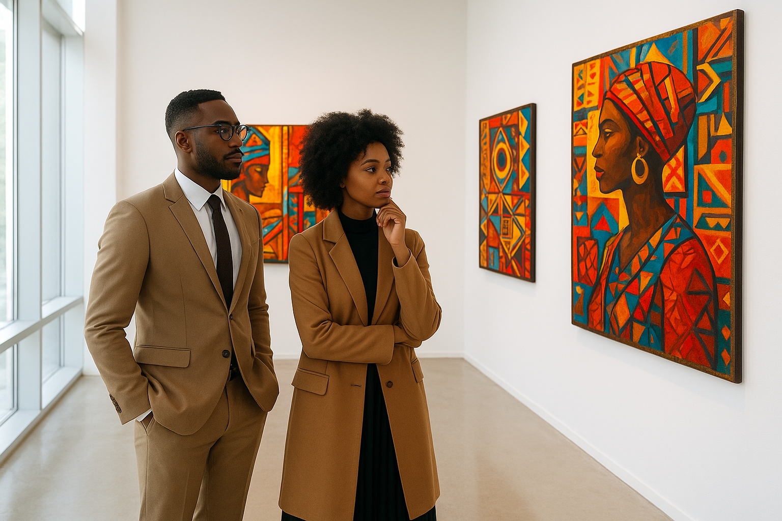 A stylish, well-dressed couple standing together in a bright, airy modern art gallery with white walls and polished concrete floors. They are thoughtfully observing vibrant contemporary African artwork featuring bold colors, geometric patterns, and cultural motifs displayed on the walls. Natural lig
