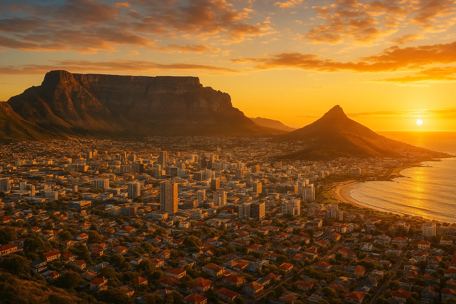 A breathtaking panoramic landscape featuring a majestic flat-topped mountain rising dramatically behind a vibrant coastal city at golden hour. The scene captures warm sunset light illuminating the urban sprawl below, with modern buildings and residential areas spreading across the valley floor. The