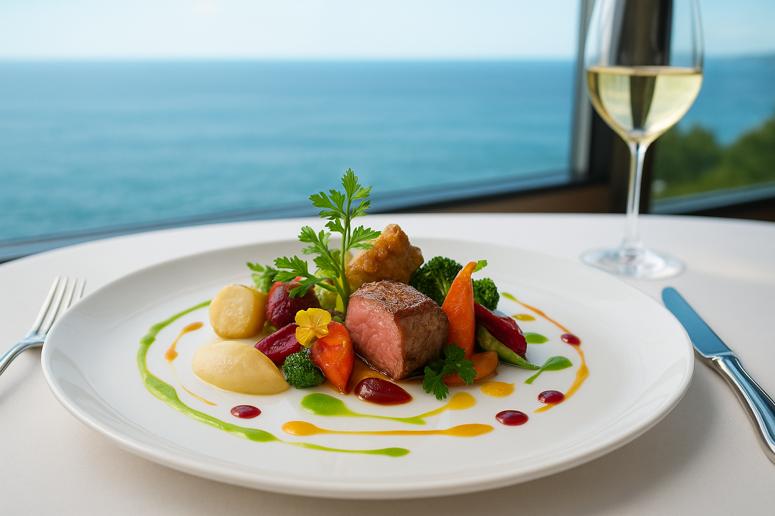 An elegantly plated gourmet meal showcased on pristine white porcelain at an upscale restaurant with panoramic ocean views. The artistic presentation features colorful, expertly arranged ingredients with vibrant garnishes, delicate sauces artfully drizzled around the plate, and fresh herbs as finish