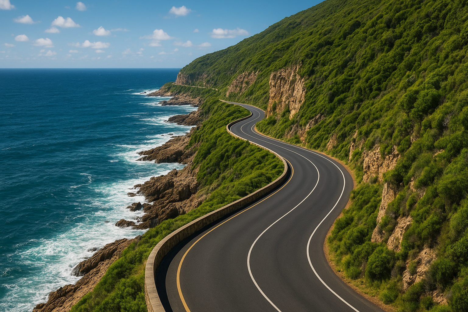 A scenic winding coastal highway curves along dramatic limestone cliffs overlooking the deep blue ocean, with lush green vegetation covering the hillsides and white foam waves crashing against rocky outcrops below. The asphalt road features gentle curves that follow the natural contours of the coast