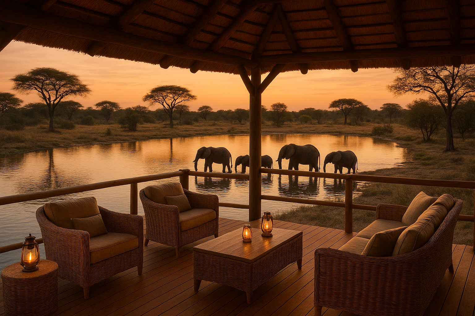 A luxurious wooden safari lodge deck with comfortable wicker furniture and warm ambient lighting, overlooking a pristine natural waterhole surrounded by acacia trees. A family of majestic African elephants peacefully drinking water at the edge of the waterhole, their silhouettes beautifully backlit
