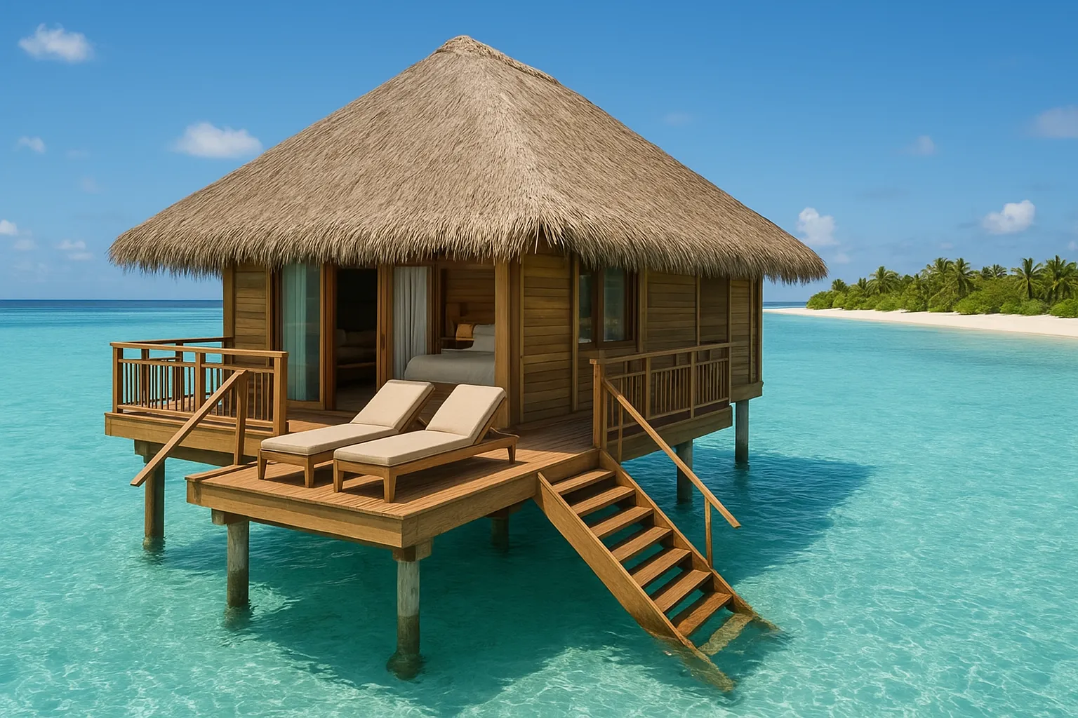 A luxurious overwater bungalow with thatched roof and natural wood construction, featuring a spacious private deck with comfortable lounge chairs and a direct stairway leading into crystal-clear turquoise waters. The structure sits elegantly above a serene tropical lagoon with pristine white sand vi
