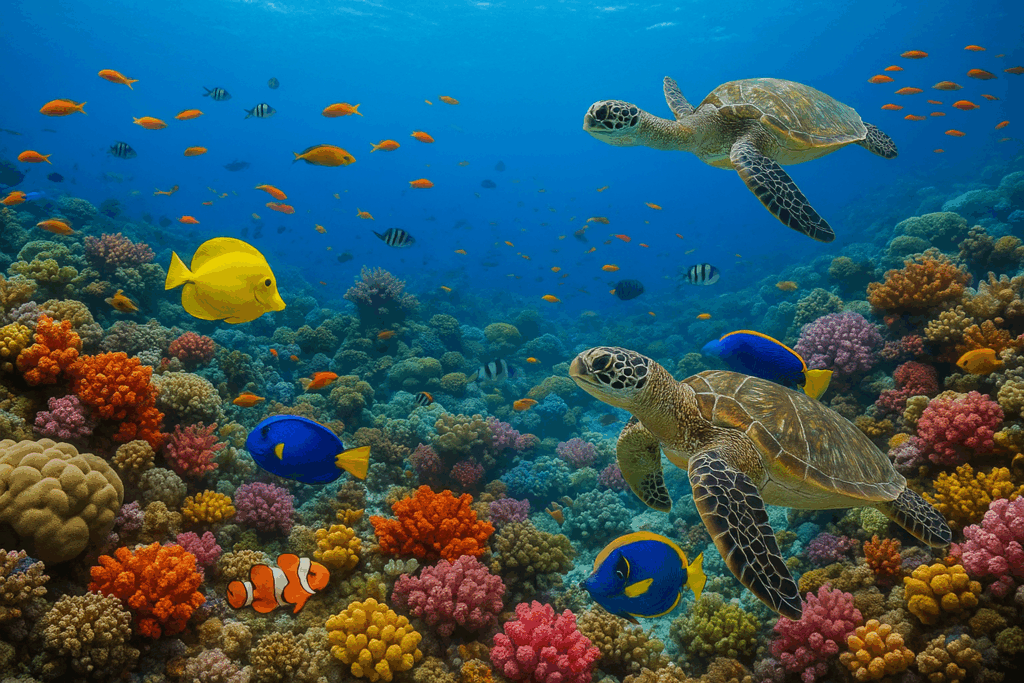A vibrant coral reef in the Maldives teeming with colorful fish, sea turtles, and other marine life.