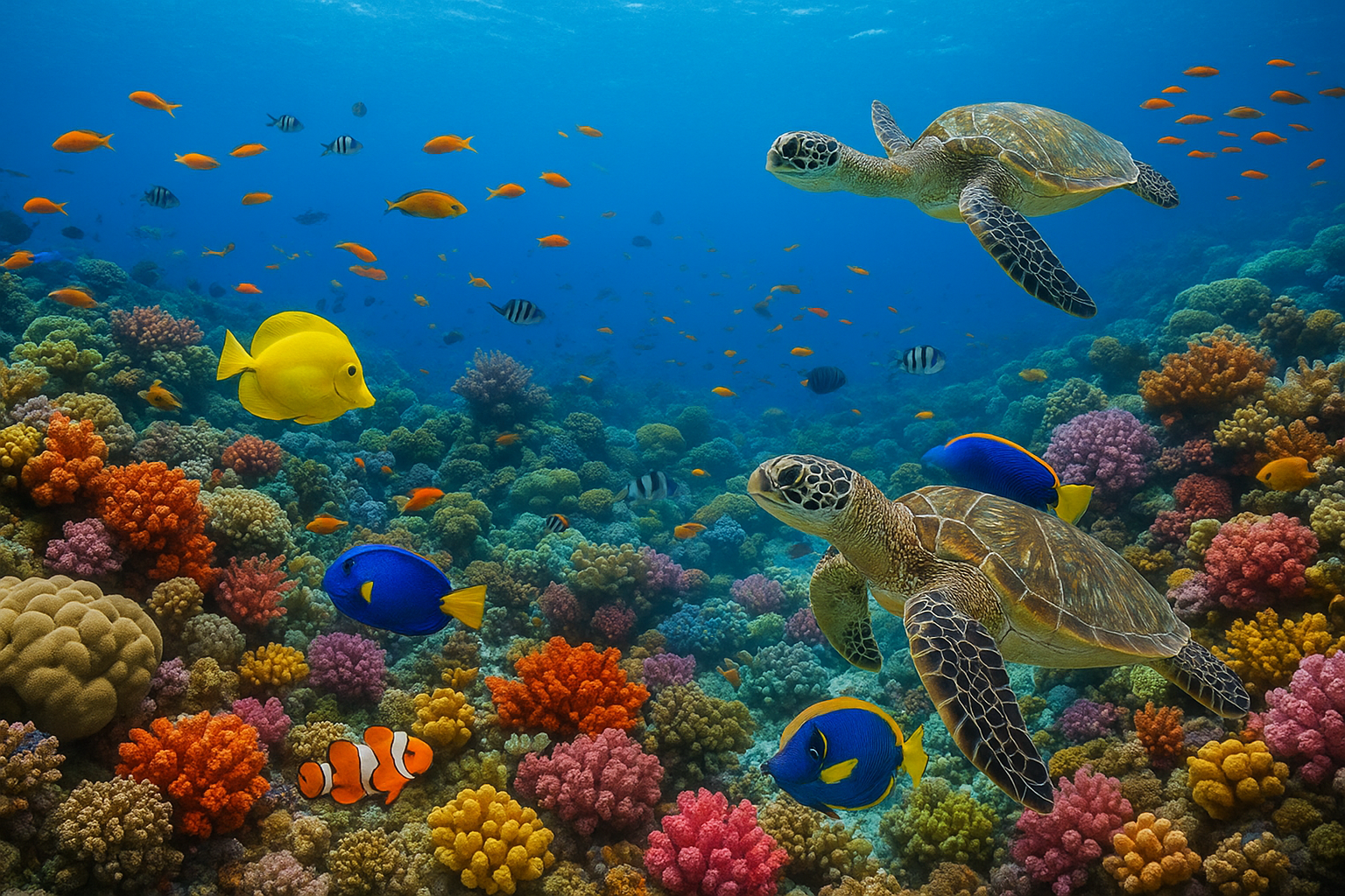 A vibrant coral reef in the Maldives teeming with colorful fish, sea turtles, and other marine life.
