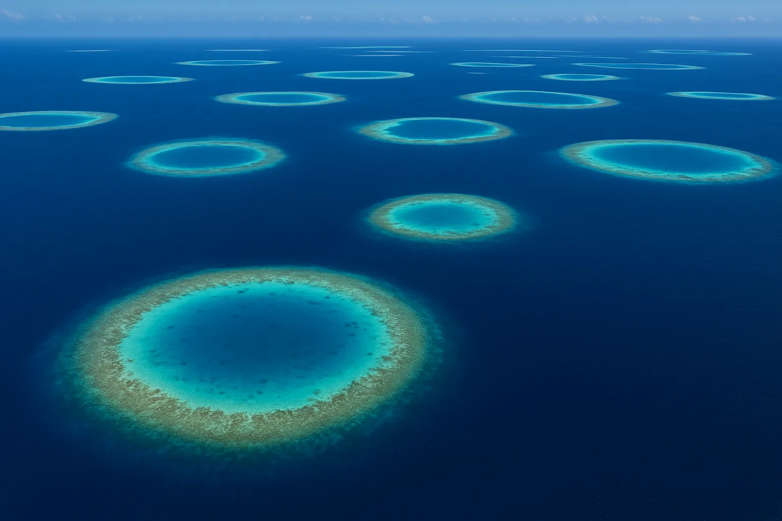 A breathtaking aerial photograph capturing multiple tropical coral atolls scattered across pristine ocean waters, showcasing the dramatic contrast between deep sapphire blue open ocean and brilliant turquoise shallow lagoons. The circular and crescent-shaped coral formations create natural rings of