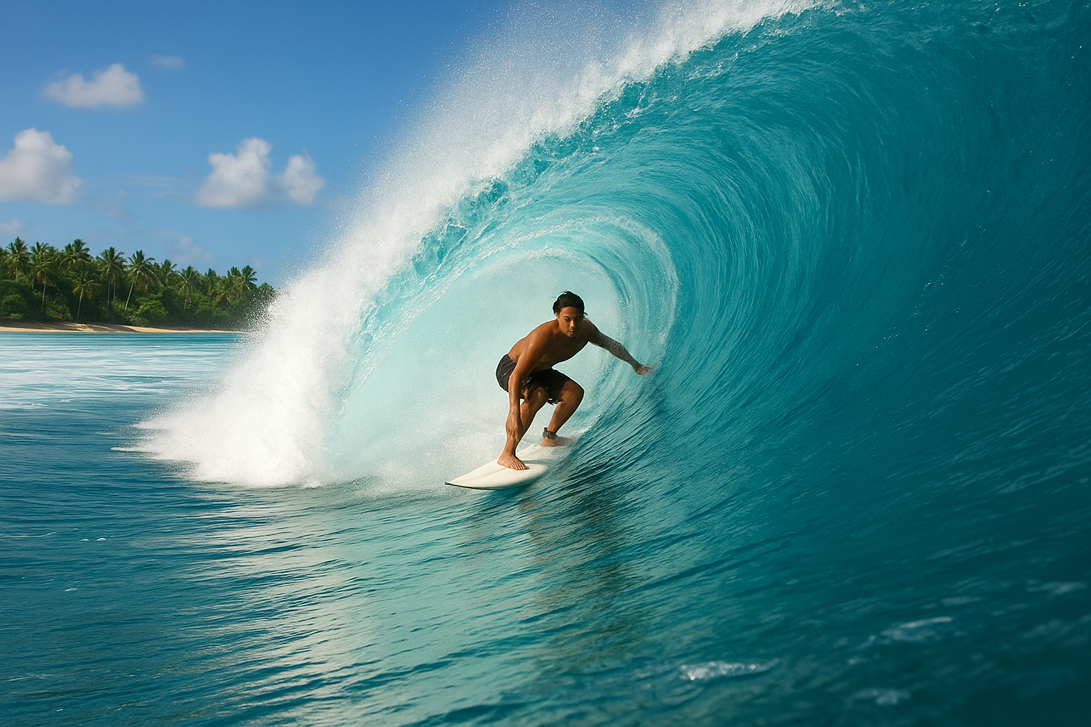 A skilled surfer gracefully riding a pristine turquoise wave at a tropical surf break, with crystal-clear water forming a perfect barrel around them. The scene captures the dynamic motion of the ocean with brilliant blue and white foam contrasts, set against a backdrop of a remote tropical island wi