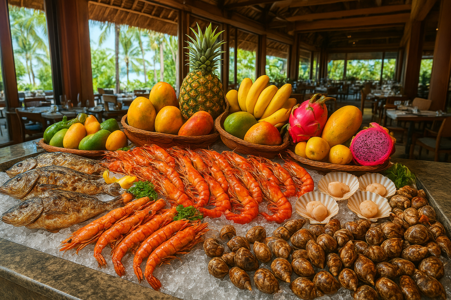 An elaborate and colorful buffet spread at a luxury tropical resort restaurant, featuring an abundant display of fresh seafood including grilled fish, prawns, and shellfish artfully arranged on ice. The buffet showcases vibrant tropical fruits like mangoes, papayas, pineapples, and dragon fruit in c