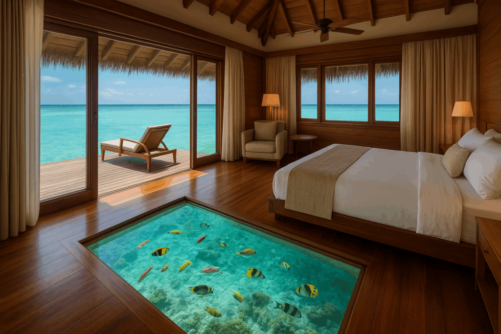 A stunning interior view of an elegant overwater bungalow featuring polished wooden floors with a large transparent glass panel revealing crystal-clear turquoise waters beneath. Colorful tropical fish swim gracefully in the shallow lagoon below, visible through the floor window. The luxurious space