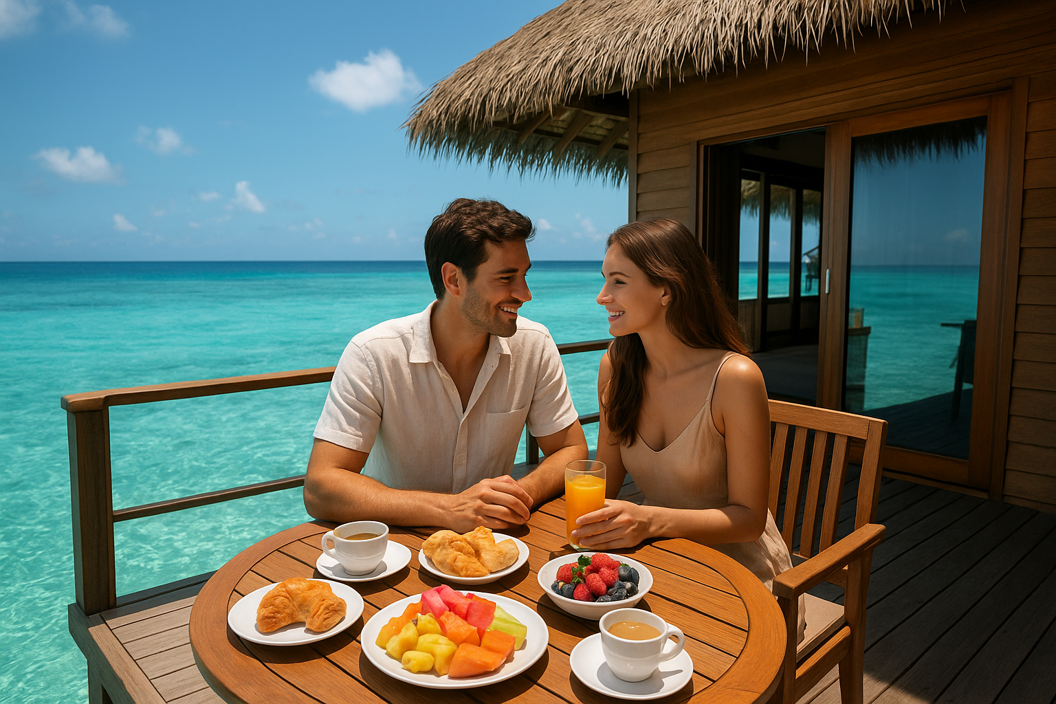 A romantic couple sits at a small wooden table on the private deck of a luxurious overwater bungalow, enjoying a tropical breakfast spread with fresh fruits, pastries, and beverages. The crystal-clear turquoise lagoon stretches endlessly beneath the stilted accommodation, with gentle waves lapping a