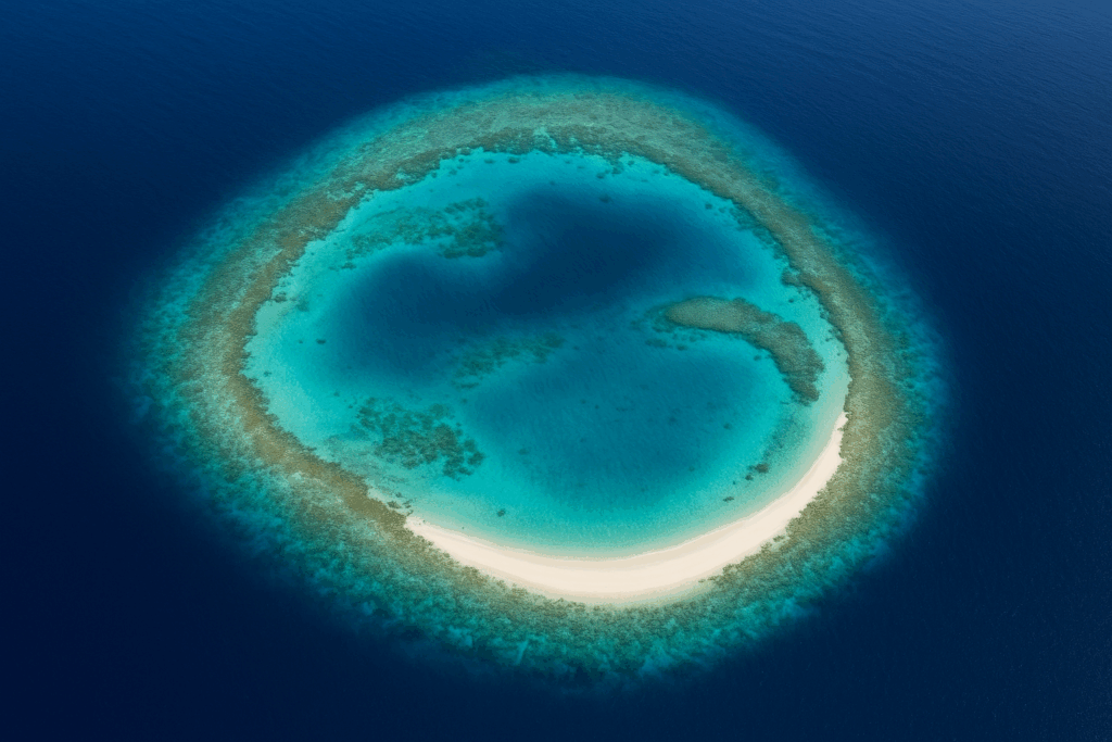 An aerial view of a pristine tropical atoll in crystal-clear ocean waters, showcasing the stunning contrast between deep sapphire blue channels and brilliant turquoise lagoons. The circular coral formation creates natural pools of varying blue and green hues, with white sandy beaches forming perfect