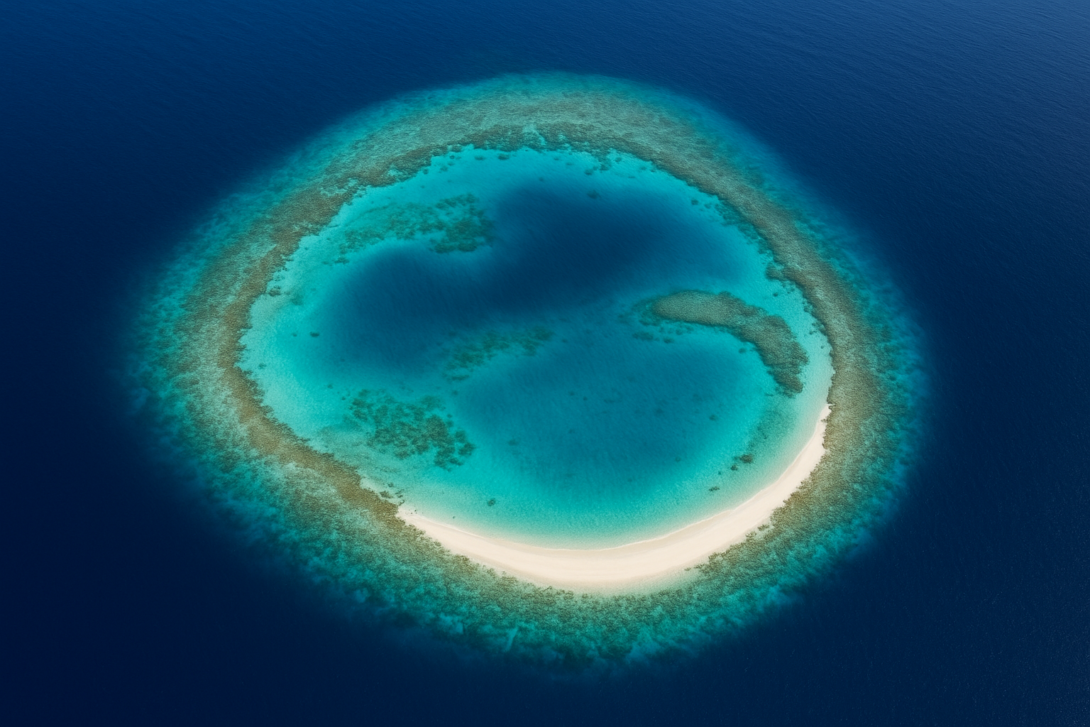 An aerial view of a pristine tropical atoll in crystal-clear ocean waters, showcasing the stunning contrast between deep sapphire blue channels and brilliant turquoise lagoons. The circular coral formation creates natural pools of varying blue and green hues, with white sandy beaches forming perfect