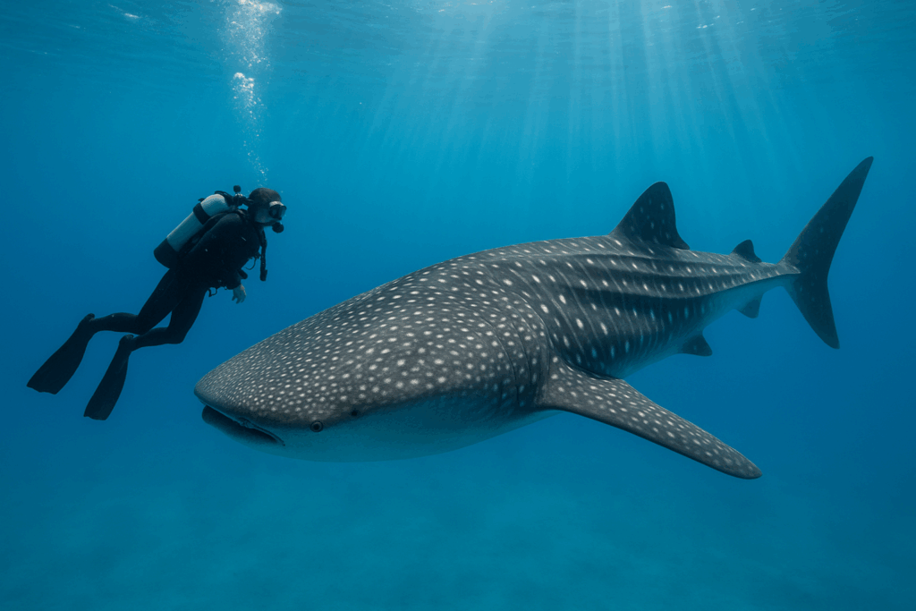 A scuba diver in full diving gear gracefully swimming alongside a massive, gentle whale shark in crystal-clear tropical waters. The enormous spotted fish glides peacefully through the deep blue ocean, its distinctive white markings creating beautiful patterns across its dark skin. Sunlight filters d