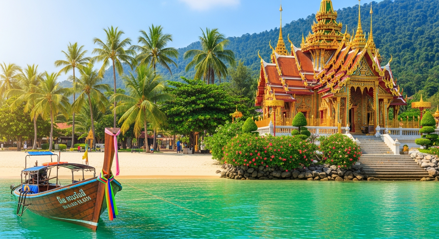 a traditional wooden long-tail boat with colorful ribbons floating on crystal-clear turquoise waters beside a pristine white sand beach with palm trees swaying in the background. Adjacent to this, an ornate golden Buddhist temple with intricate architectural details, multiple tiers, and gleaming spi