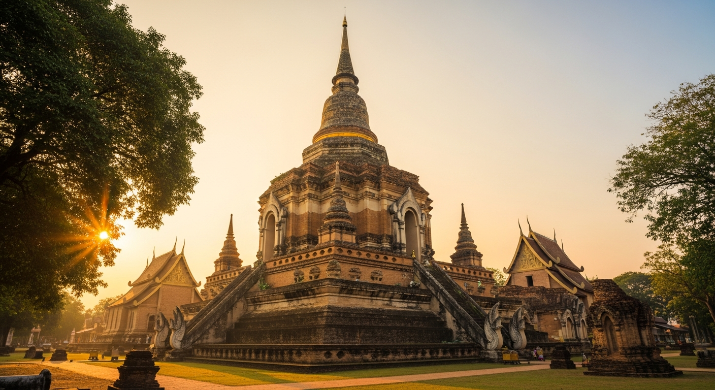 Ancient Buddhist temple complex with weathered stone chedi tower rising majestically against golden sunrise sky in northern Thailand. Traditional Lanna architecture features intricate carved details, aged brick and stone construction, with smaller stupas surrounding the main towering structure. Warm