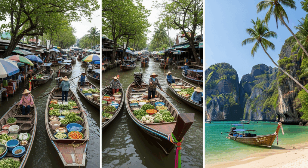 A stunning collage showcasing four distinct Thai landscapes and cultural scenes. The first panel displays an ornate golden temple complex with intricate spires and traditional architecture gleaming in bright sunlight. The second shows a serene Buddhist temple perched on a misty mountainside surround