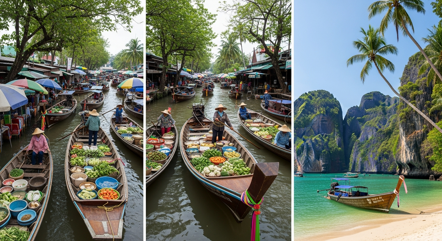 A stunning collage showcasing four distinct Thai landscapes and cultural scenes. The first panel displays an ornate golden temple complex with intricate spires and traditional architecture gleaming in bright sunlight. The second shows a serene Buddhist temple perched on a misty mountainside surround