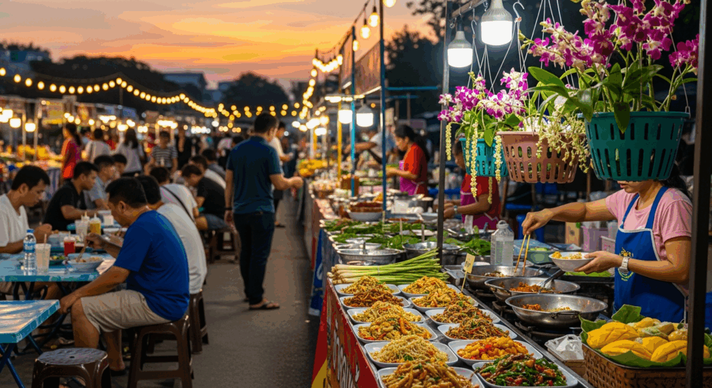 A bustling Thai street food market at golden hour with colorful food stalls lining a narrow alley, steam rising from grills cooking satay skewers and other meats, vendors in aprons serving customers from large metal pots and woks. Long queues of local Thai people waiting at popular stalls, with hang