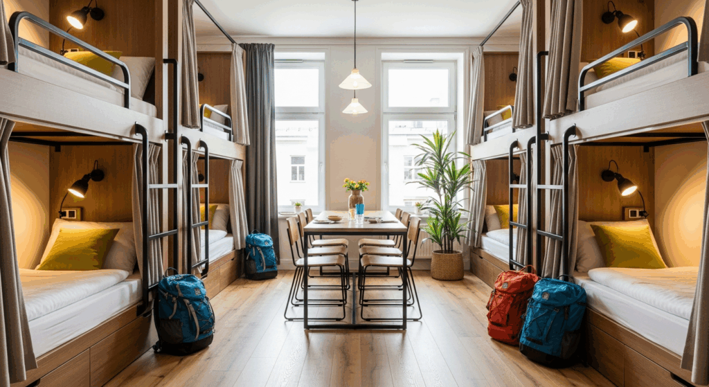 A bright and welcoming hostel dormitory room featuring modern bunk beds with clean white linens and privacy curtains. The space has warm wooden floors, large windows letting in natural light, and colorful travel backpacks neatly arranged near each bed. Small reading lamps are mounted on each bunk, a