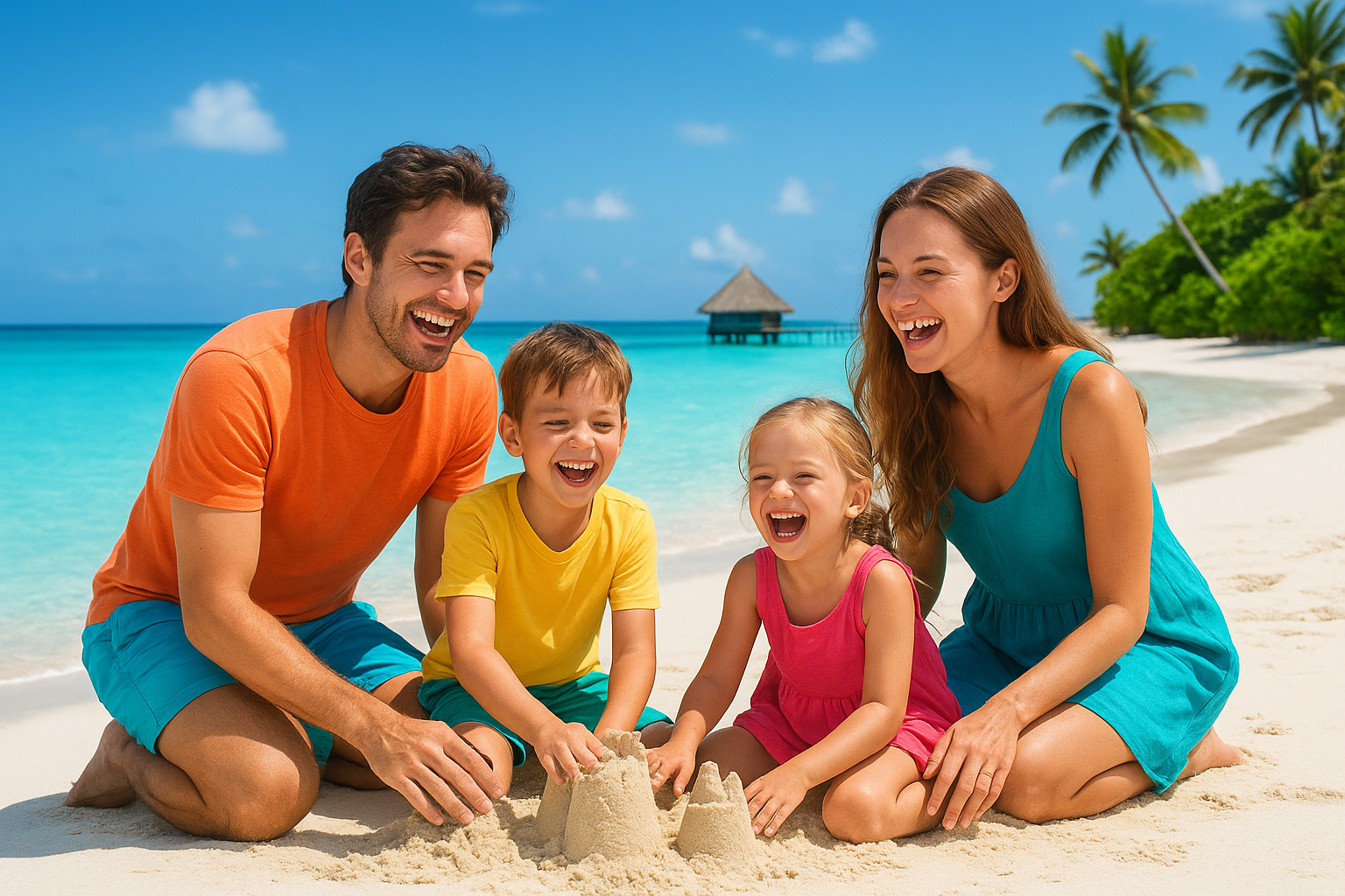 A joyful family with two young children laughing and playing on a pristine tropical beach with white sand and crystal-clear turquoise water. The parents are kneeling beside their kids who are building sandcastles, all wearing bright summer clothing and genuine smiles. In the background, a traditiona