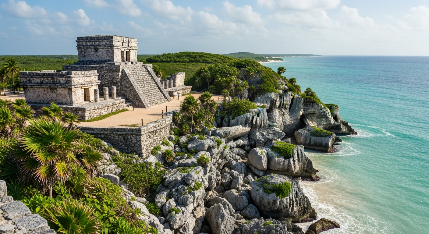 Ancient stone ruins perched dramatically on limestone cliffs overlooking a pristine turquoise Caribbean coastline. The weathered Mayan temple structures feature intricate carved stonework and stepped pyramidal architecture, surrounded by lush tropical vegetation and palm trees swaying in the ocean b