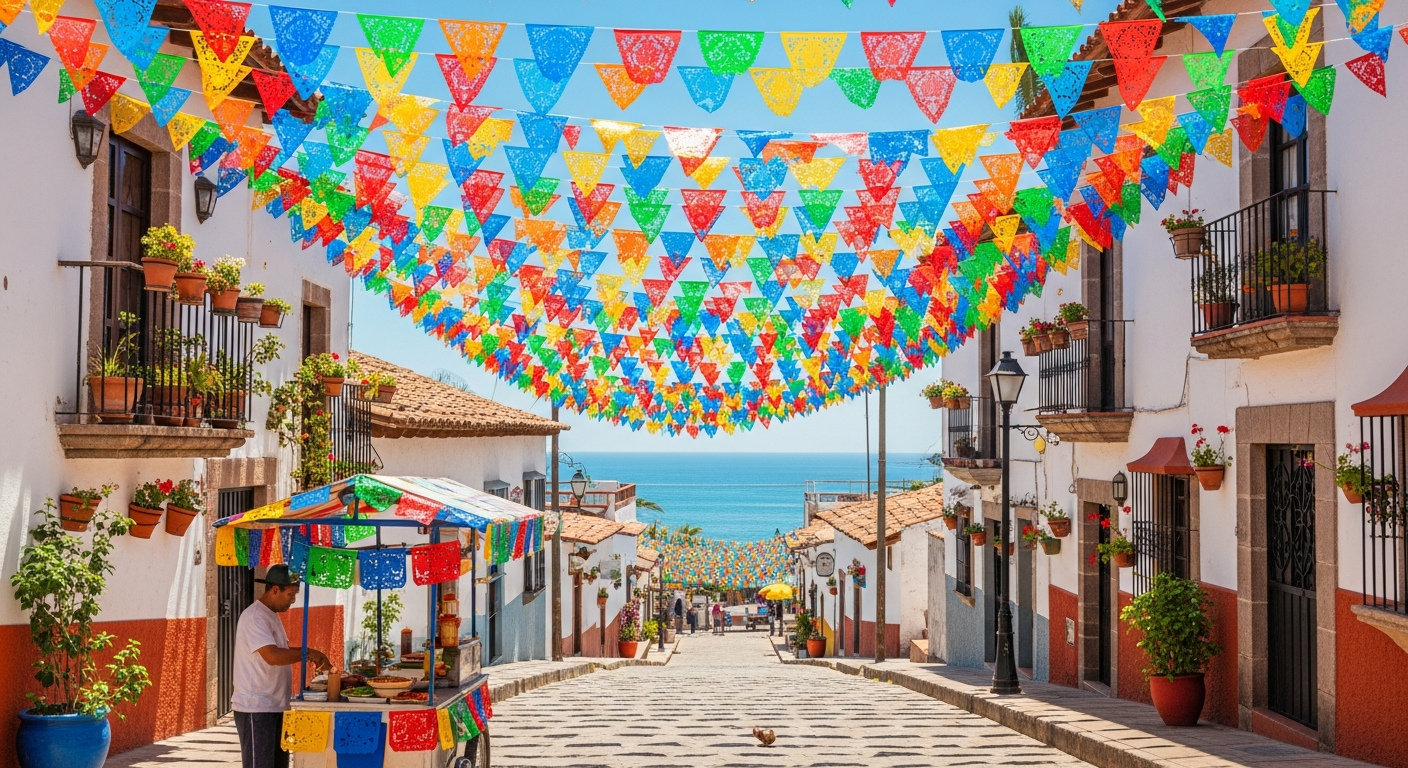 Vibrant multicolored triangular pennant flags strung in festive garlands across a charming cobblestone street in a picturesque Mexican coastal village. The cheerful bunting creates a canopy of bright reds, blues, yellows, greens, and oranges fluttering gently in the ocean breeze. Below, whitewashed