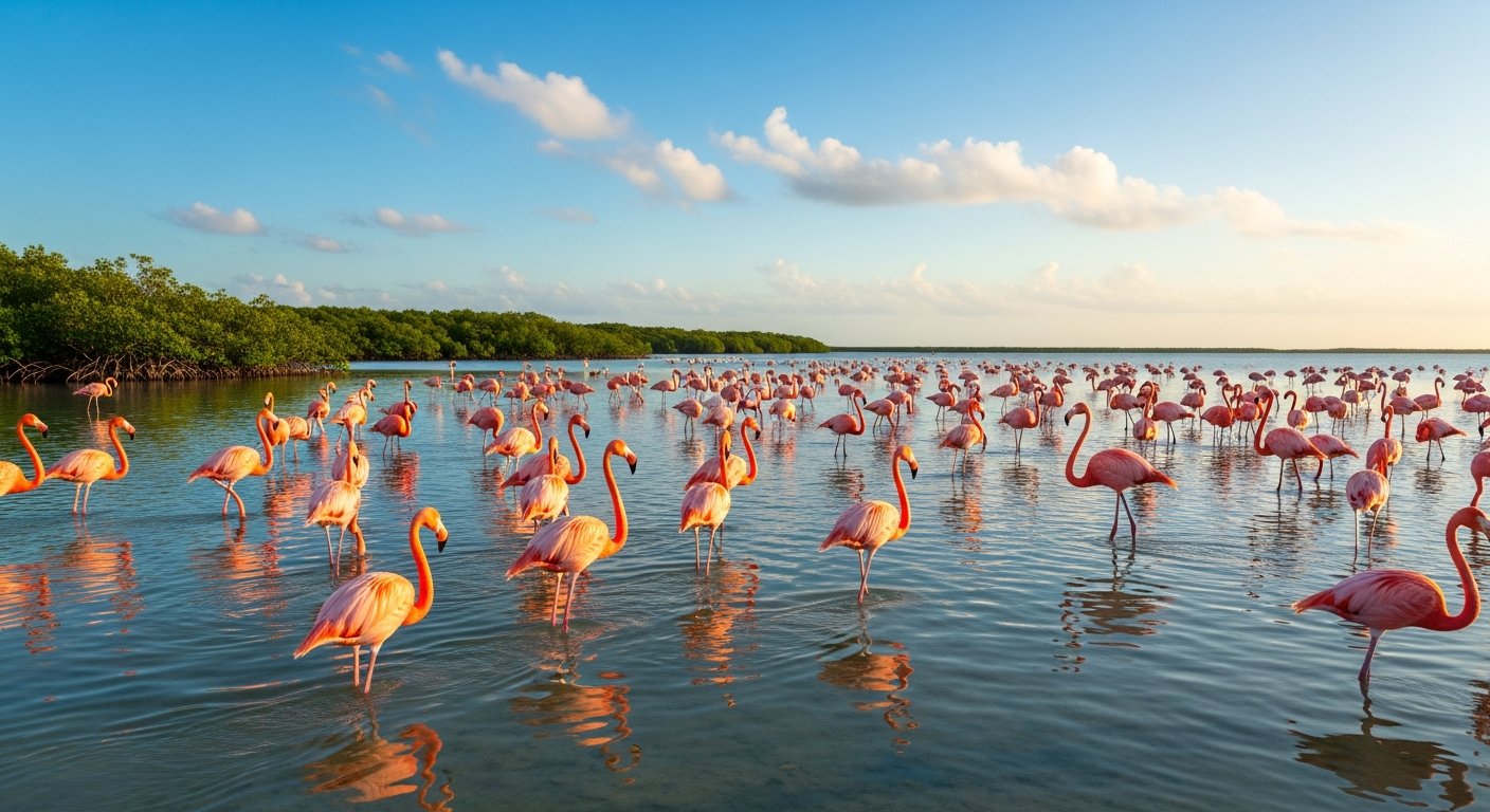 A large flock of elegant pink flamingos gracefully wading through crystal-clear turquoise waters in a pristine tropical lagoon. The shallow water creates perfect reflections of their vibrant pink plumage against the stunning aquamarine backdrop. Gentle ripples disturb the mirror-like surface as the