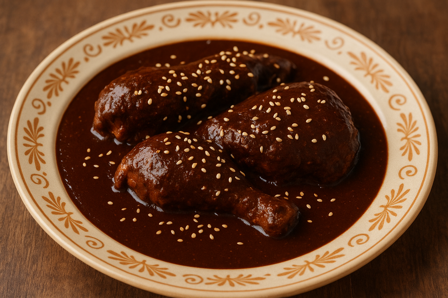 A beautifully plated traditional Mexican dish featuring tender chicken pieces covered in rich, dark chocolate-brown mole sauce, garnished with scattered sesame seeds and served on an elegant ceramic plate. The complex sauce has a glossy, velvety appearance with deep reddish-brown hues, while the gol